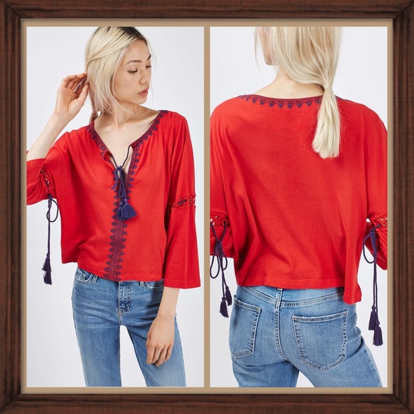 Topshop Tops - Topshop Red With Blue Embroidered Kraftan Tee EUC